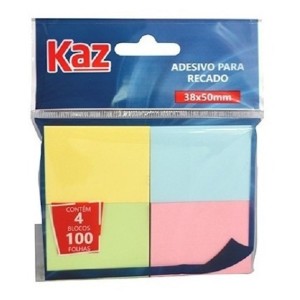 ADESIVO PARA RECADO 38X50MM 4 CORES 100 FOLHAS KAZ